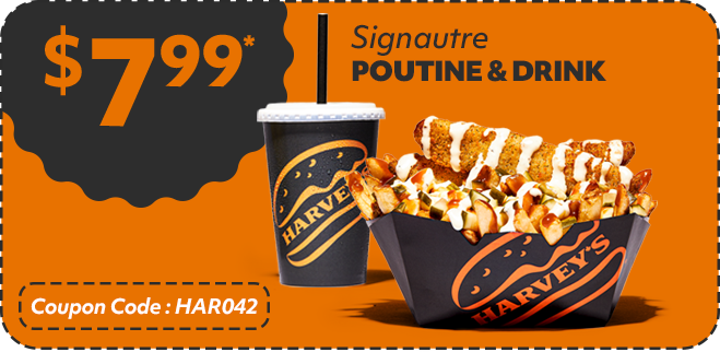 Enjoy a regular Signature Poutine and a 20 oz soft drink
